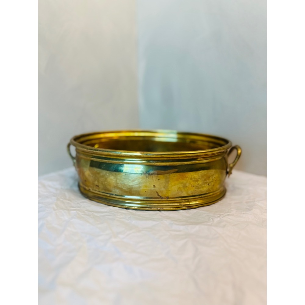 Vintage Solid Patina Brass Oval Shallow Handled Planter 10x6.25x3 Eclectic Decor